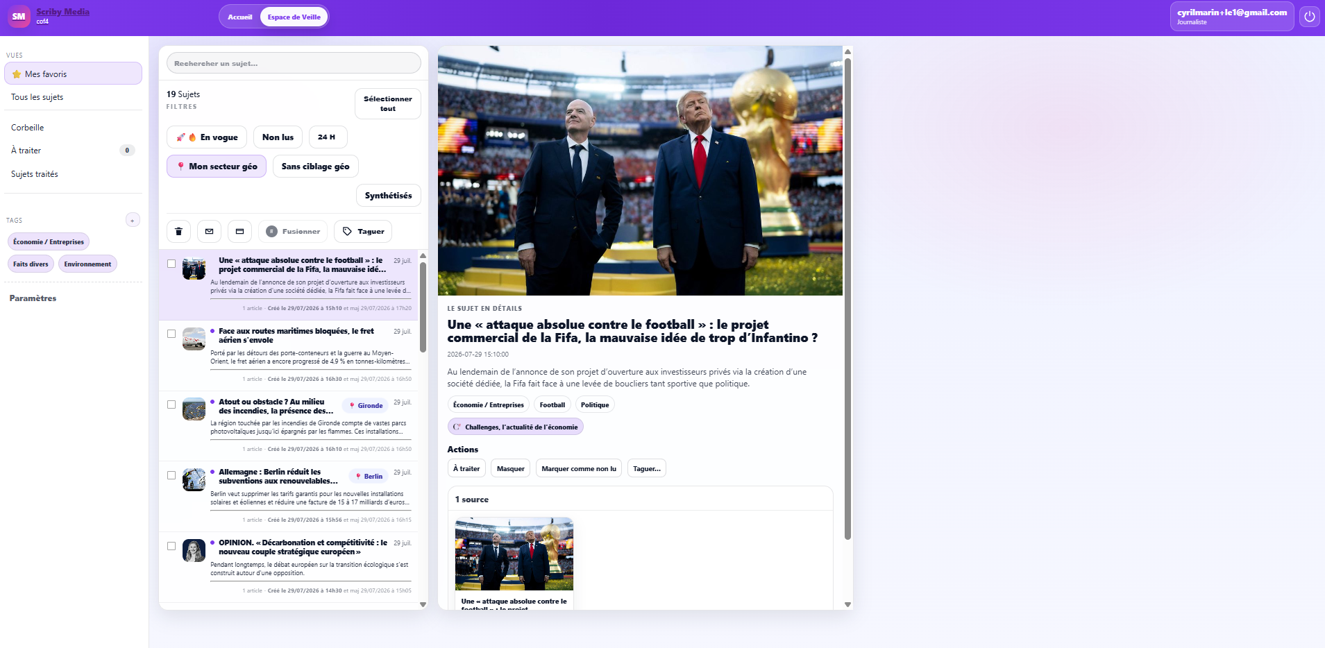 L'espace de veille Scriby Media : sujets regroupés par IA, filtres et ciblage géographique